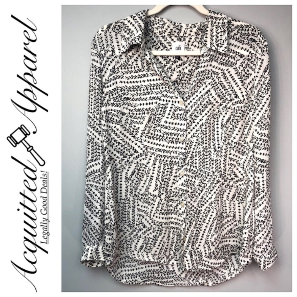 CAbi Black White Tulip Back Silky Bloouse Top